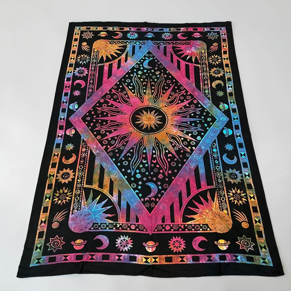 Celestial Sun Moon Star Tapestry Rainbow Tie Dye Wall Hanging Black 53x75 Large
